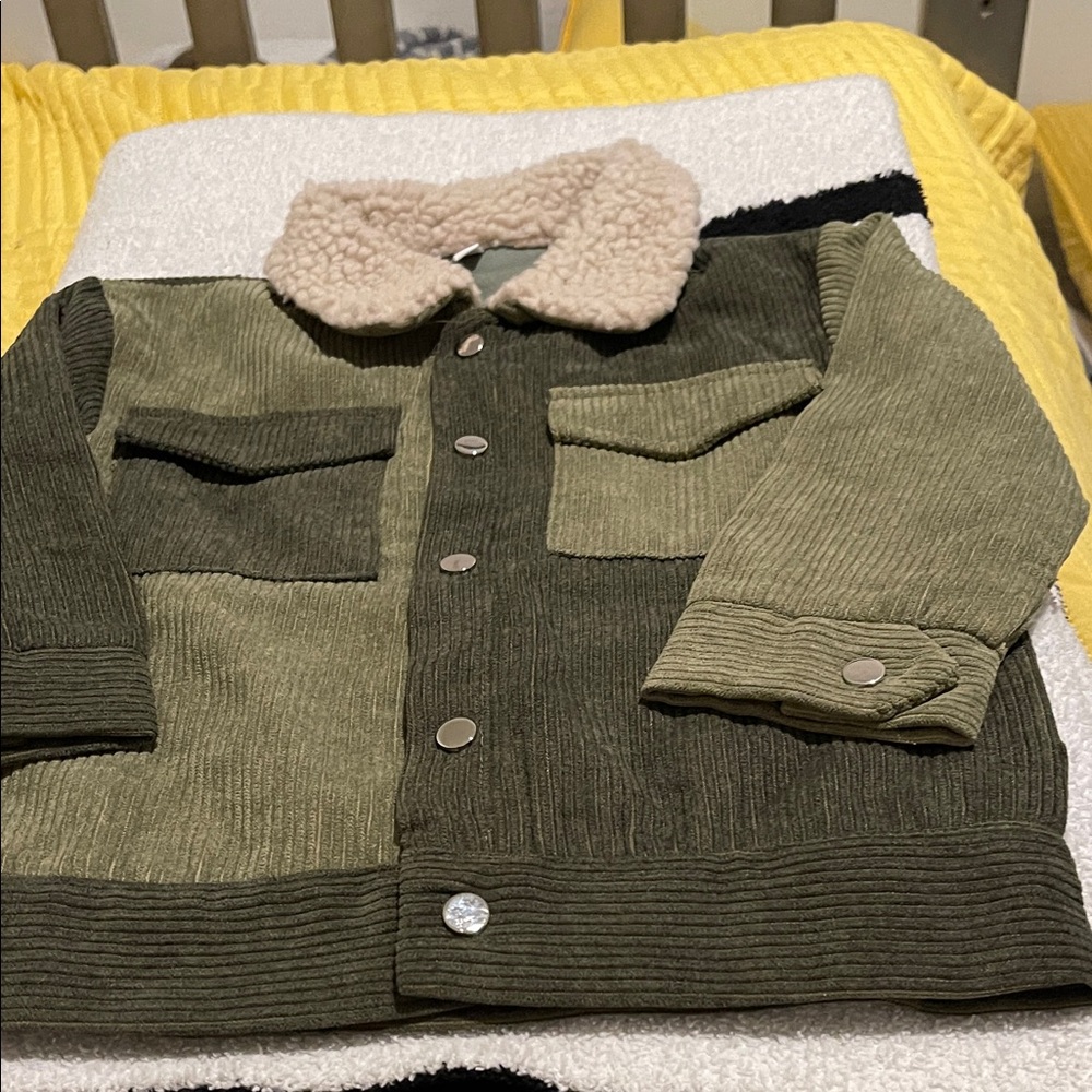 Kids Olive Green Corduroy Jacket with Cream Sherpa Collar - Picture 3 of 3